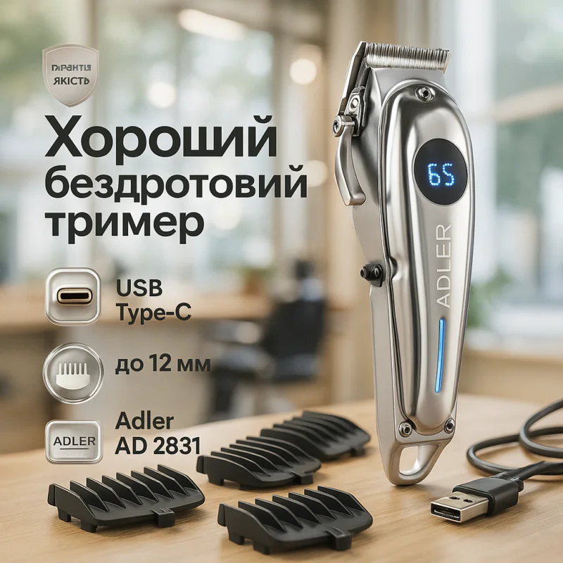 Adler AD 2831 Машинка для стрижки волосся до 3 годин автономної роботи, 6 насадок, керамічні леза.