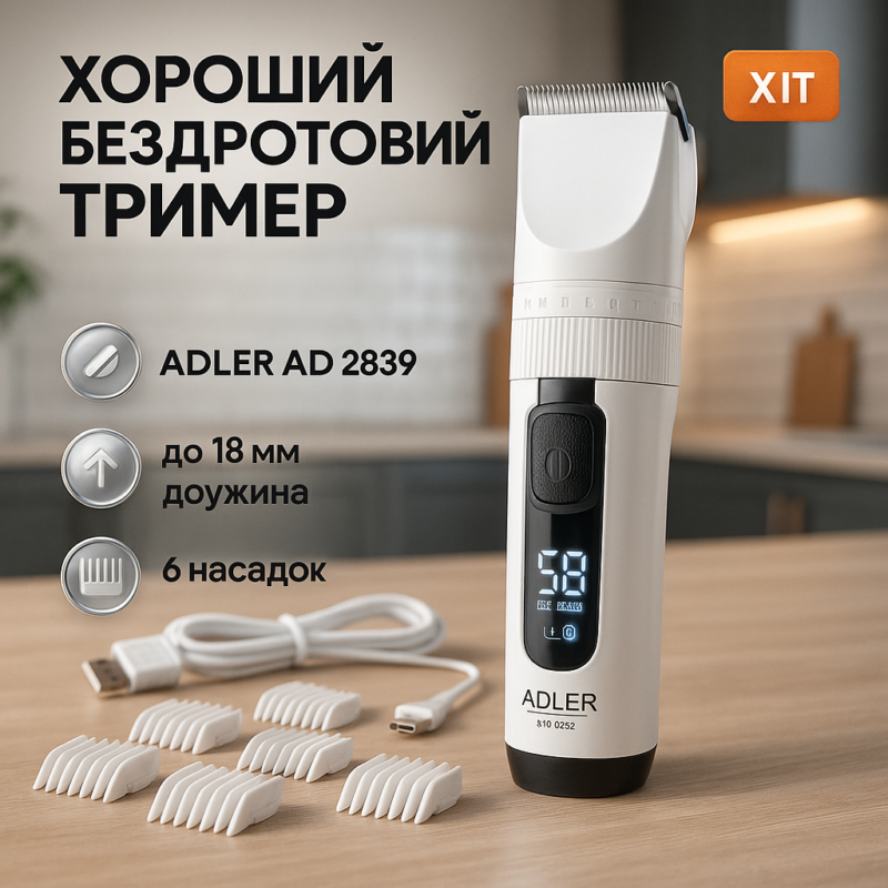 Машинка для стрижки волосся Adler AD 2839 акумуляторна з дисплеєм — професійні результати вдома