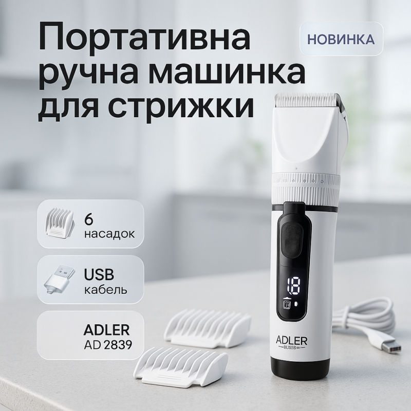 Машинка для стрижки волосся Adler AD 2839 акумуляторна з дисплеєм — професійні результати вдома