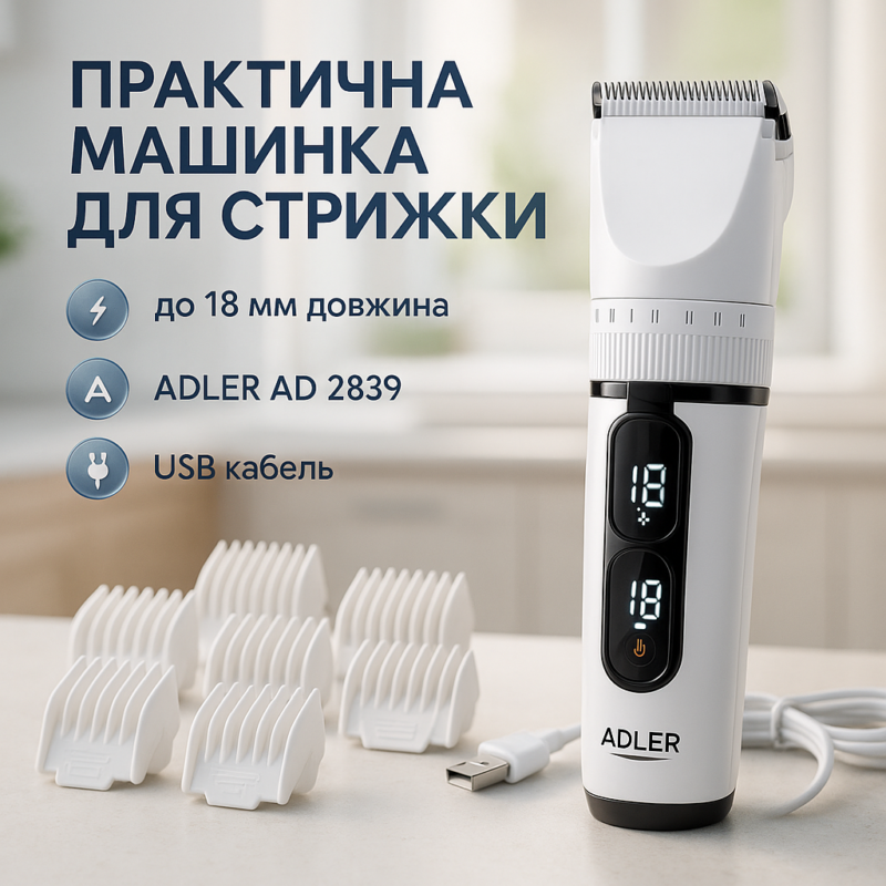 Машинка для стрижки волосся Adler AD 2839 акумуляторна з дисплеєм — професійні результати вдома
