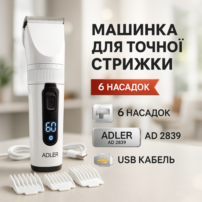 Машинка для стрижки волосся Adler AD 2839 акумуляторна з дисплеєм — професійні результати вдома