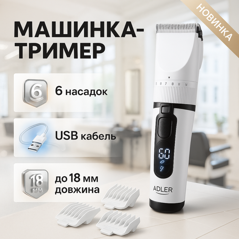 Машинка для стрижки волосся Adler AD 2839 акумуляторна з дисплеєм — професійні результати вдома