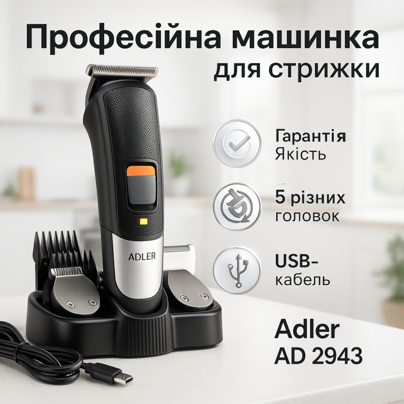 Тример для волосся Adler AD 2943 5 в 1 акумуляторний — ефективний догляд без зайвих зусиль