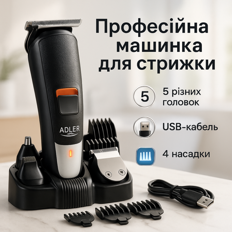 Тример для волосся Adler AD 2943 5 в 1 акумуляторний — ефективний догляд без зайвих зусиль