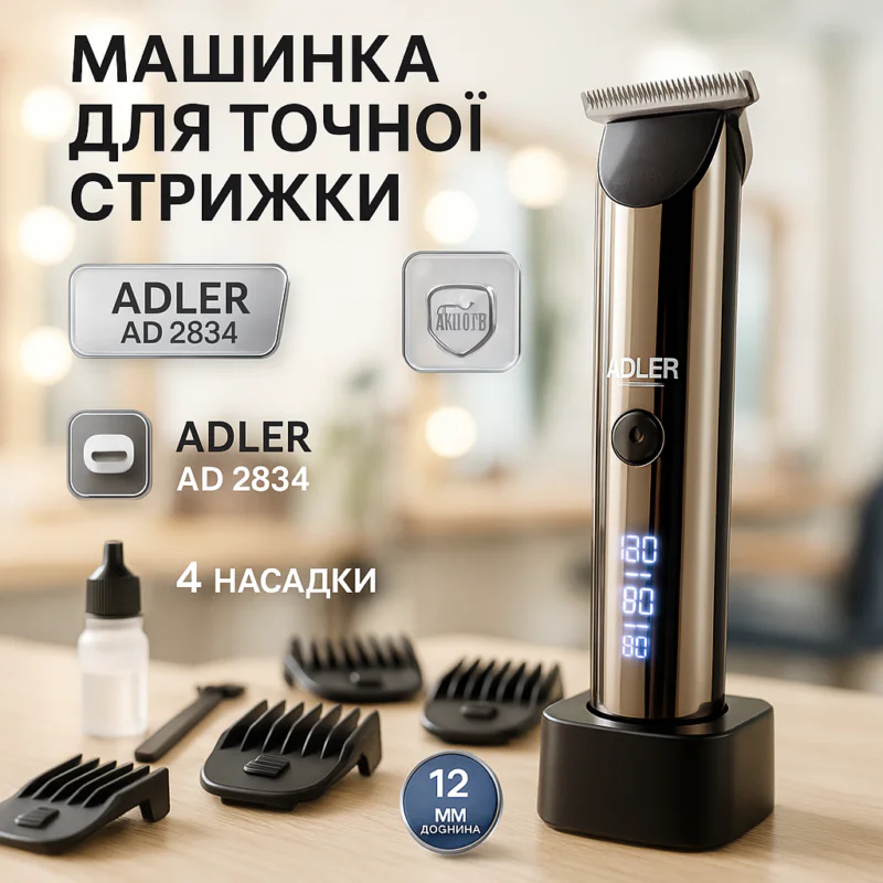 creative_1773389148_237 Adler AD 2834 Машинка для стрижки волосся з титановою головкою та керамічним лезом для точних стрижок до 3 годин