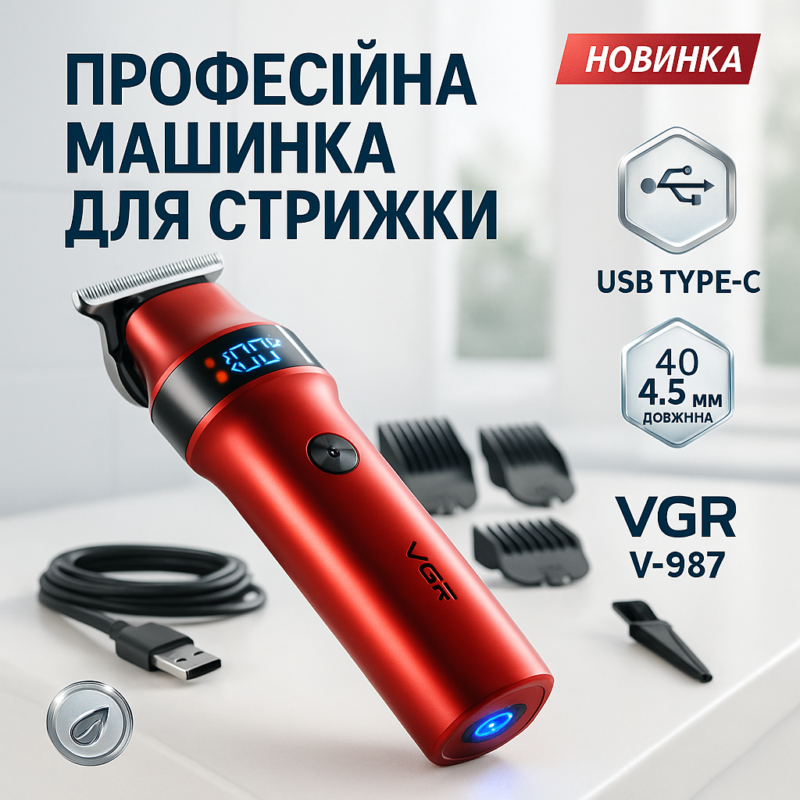 Машинка для стрижки волосся VGR V-987 RED — професійний тример для чоловіків з елегантним дизайном.