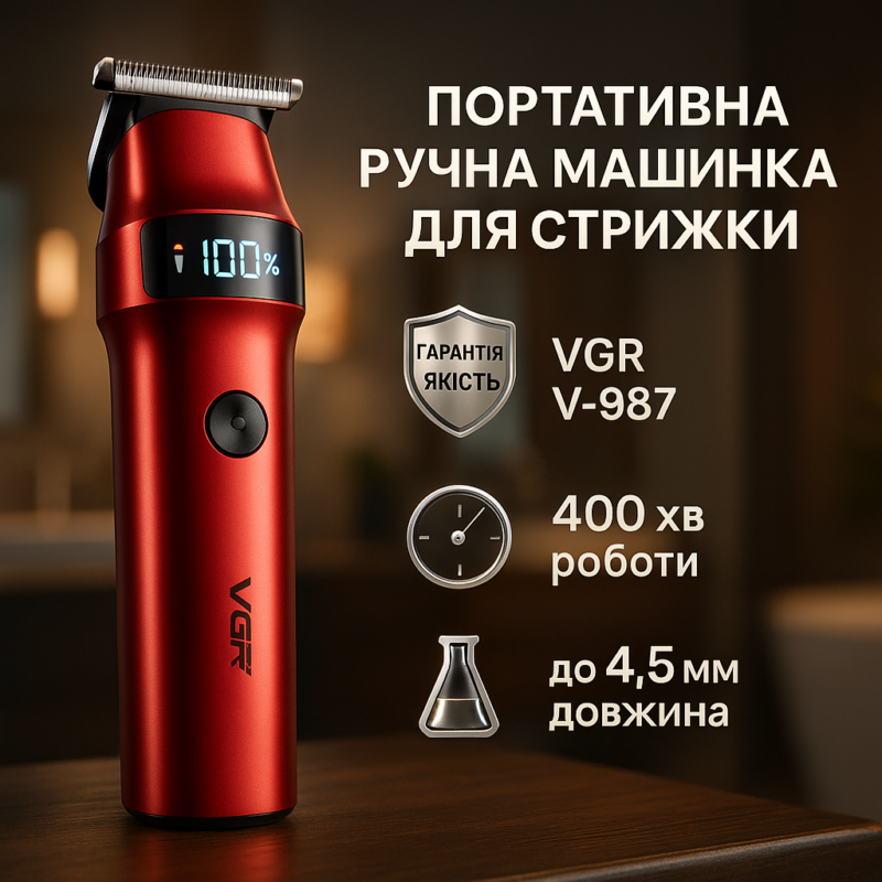 Машинка для стрижки волосся VGR V-987 RED — професійний тример для чоловіків з елегантним дизайном.