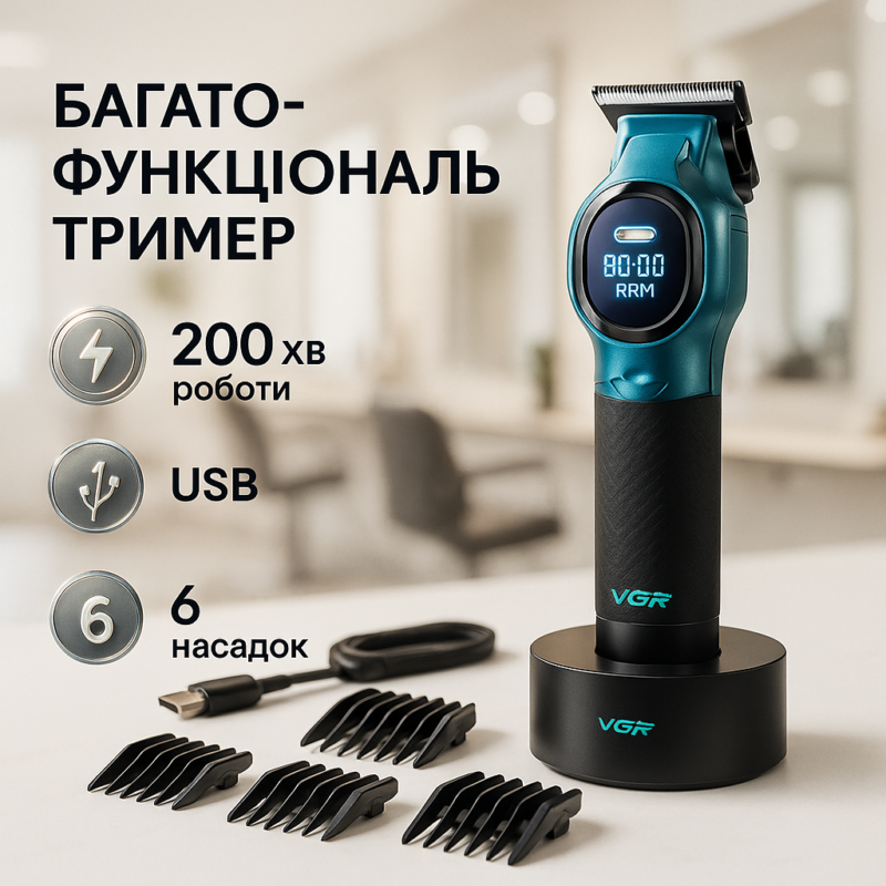 Машинка для стрижки акумуляторна VGR V-886C BLUE — досягайте ідеальних результатів легко.