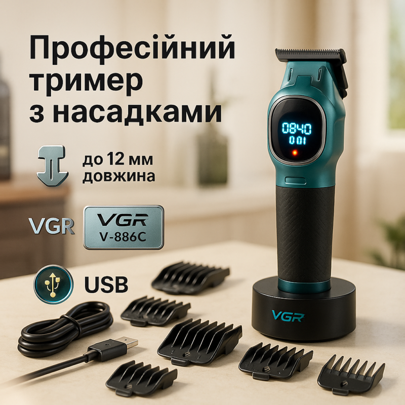 Машинка для стрижки акумуляторна VGR V-886C BLUE — досягайте ідеальних результатів легко.
