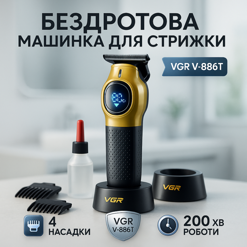 Тример для волосся VGR V-886T GOLD 8000RPM 4 насадки — ідеальний помічник для точної стрижки