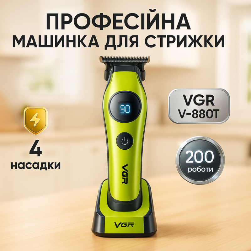 Тример VGR V-880T — потужний акумуляторний інструмент для стрижки волосся з тривалою автономністю.