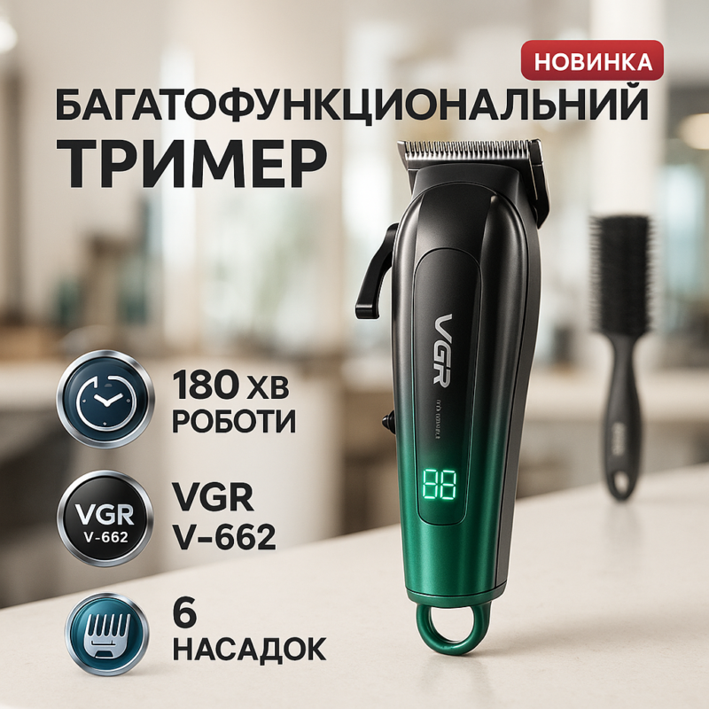 Акумуляторна машинка для стрижки VGR V-662 з автономною роботою до 180 хвилин