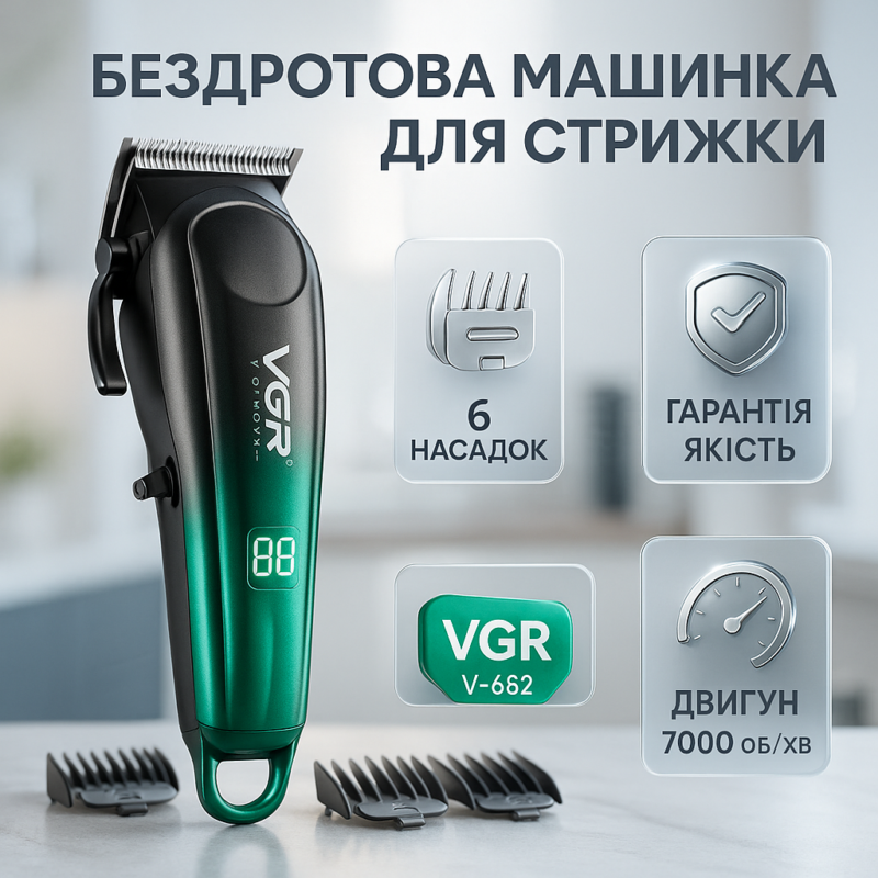 Акумуляторна машинка для стрижки VGR V-662 з автономною роботою до 180 хвилин