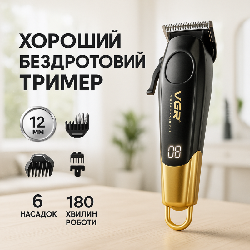 Акумуляторна машинка для стрижки VGR V-662 — свобода рухів та точність стрижки.