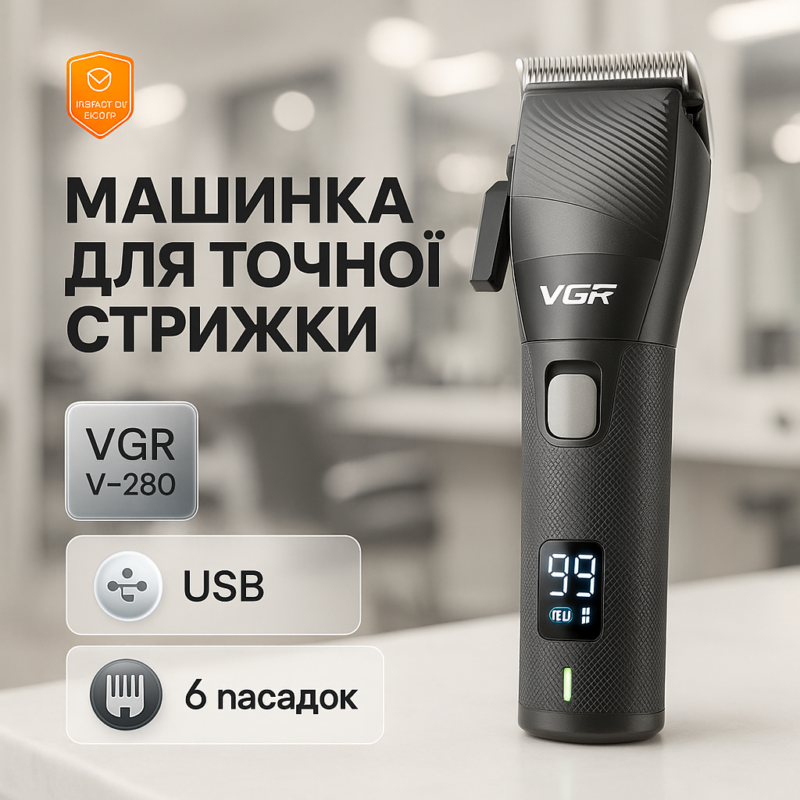 Акумуляторна машинка VGR V-280 з дисплеєм для професійної стрижки волосся