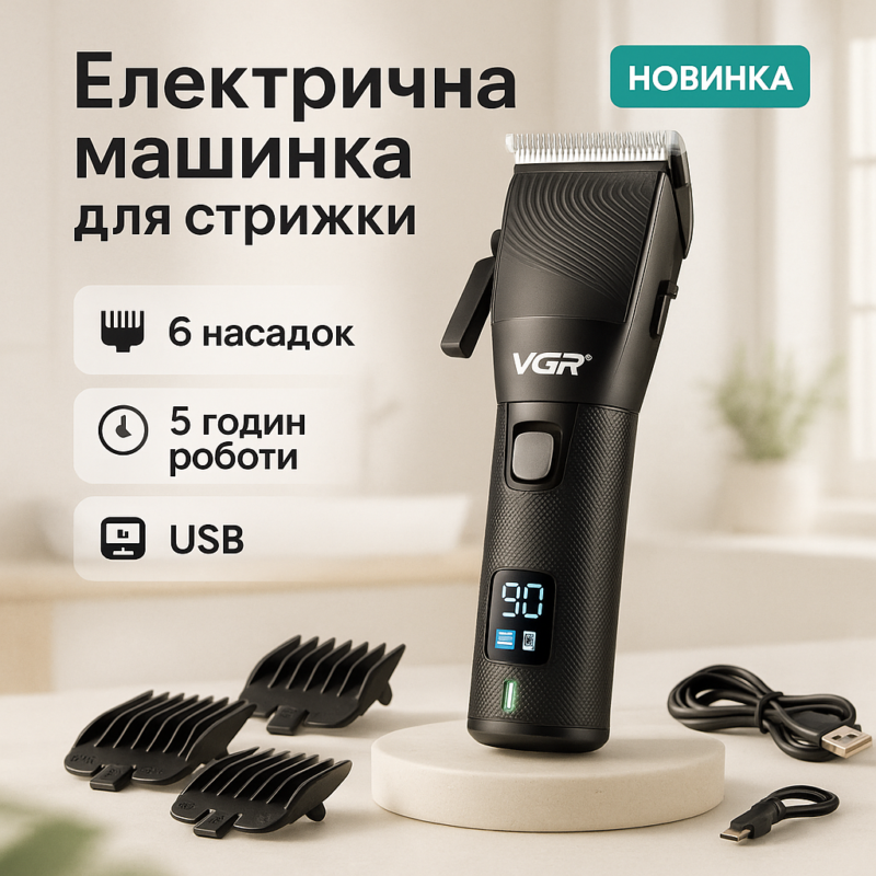 Акумуляторна машинка VGR V-280 з дисплеєм для професійної стрижки волосся