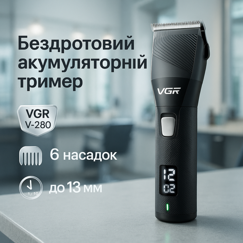 Акумуляторна машинка VGR V-280 з дисплеєм для професійної стрижки волосся