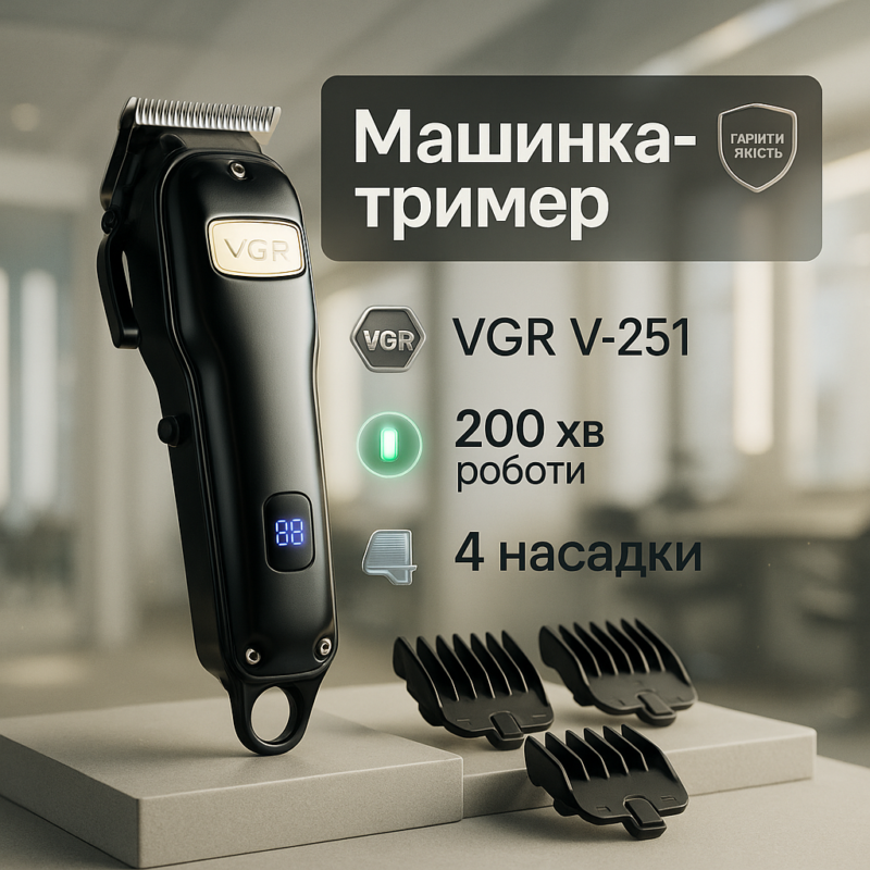 Акумуляторна машинка для стрижки VGR V-251 — потужний інструмент для професійного догляду.