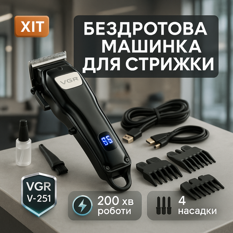 Акумуляторна машинка для стрижки VGR V-251 — потужний інструмент для професійного догляду.