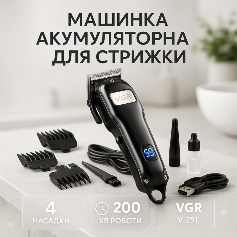 Акумуляторна машинка для стрижки VGR V-251 — потужний інструмент для професійного догляду.
