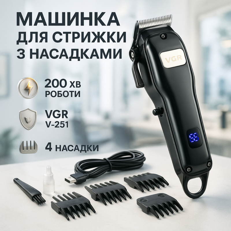 Акумуляторна машинка для стрижки VGR V-251 — потужний інструмент для професійного догляду.