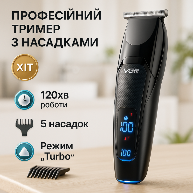 Машинка для стрижки волосся VGR V-070 акумуляторна з USB та індикатором зарядки для ідеального зовнішнього вигляду