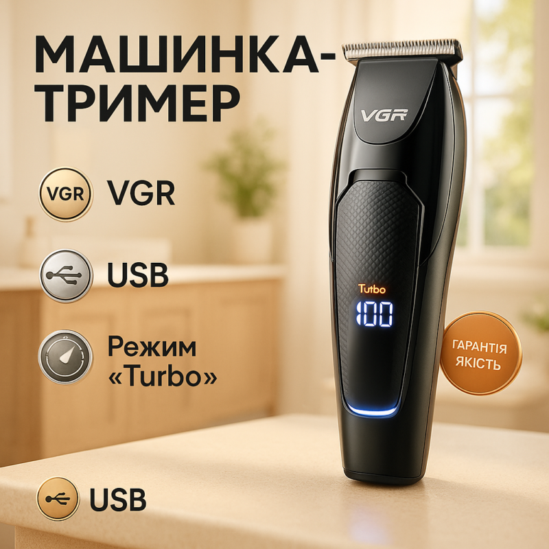 Машинка для стрижки волосся VGR V-070 акумуляторна з USB та індикатором зарядки для ідеального зовнішнього вигляду