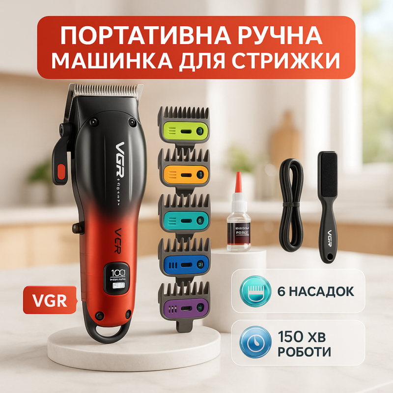 Акумуляторна машинка для стрижки VGR V-026 RED — надійний інструмент для професіоналів та домашнього використання