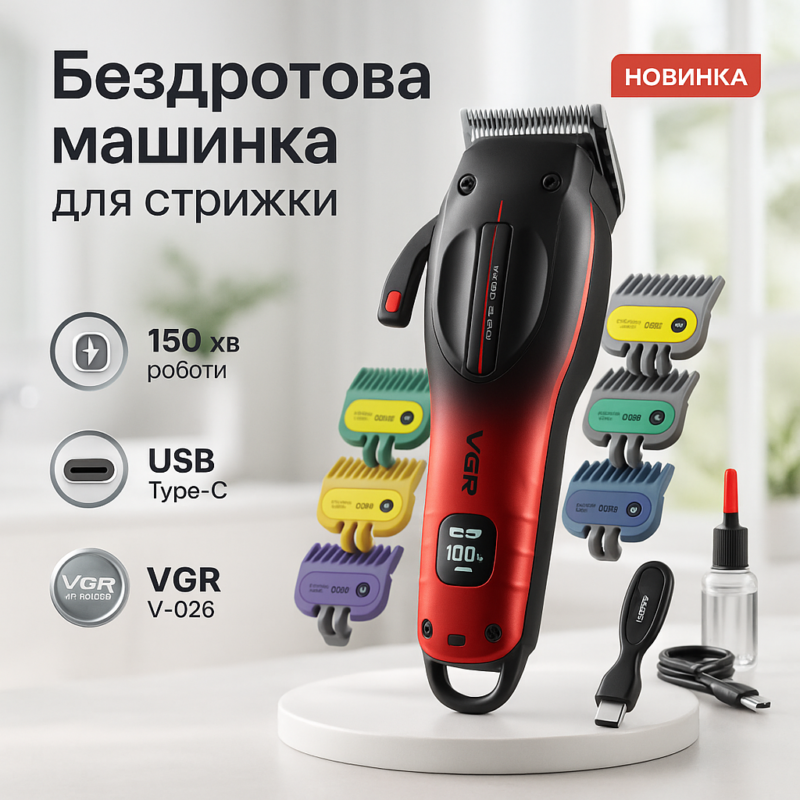 Акумуляторна машинка для стрижки VGR V-026 RED — надійний інструмент для професіоналів та домашнього використання