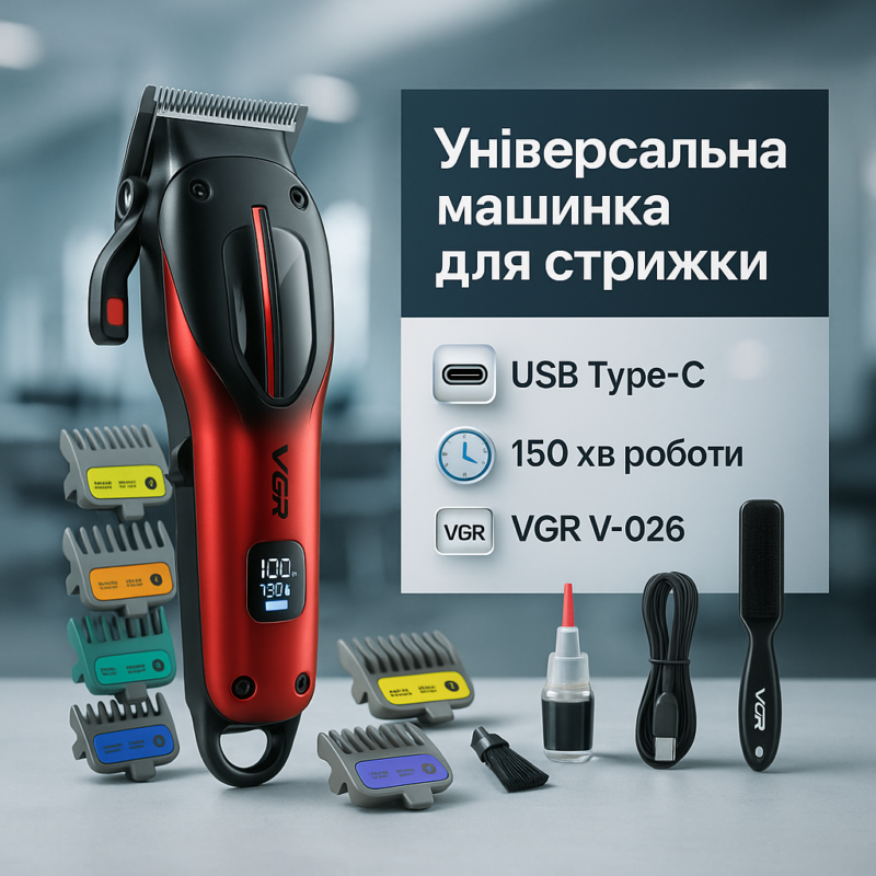 Акумуляторна машинка для стрижки VGR V-026 RED — надійний інструмент для професіоналів та домашнього використання