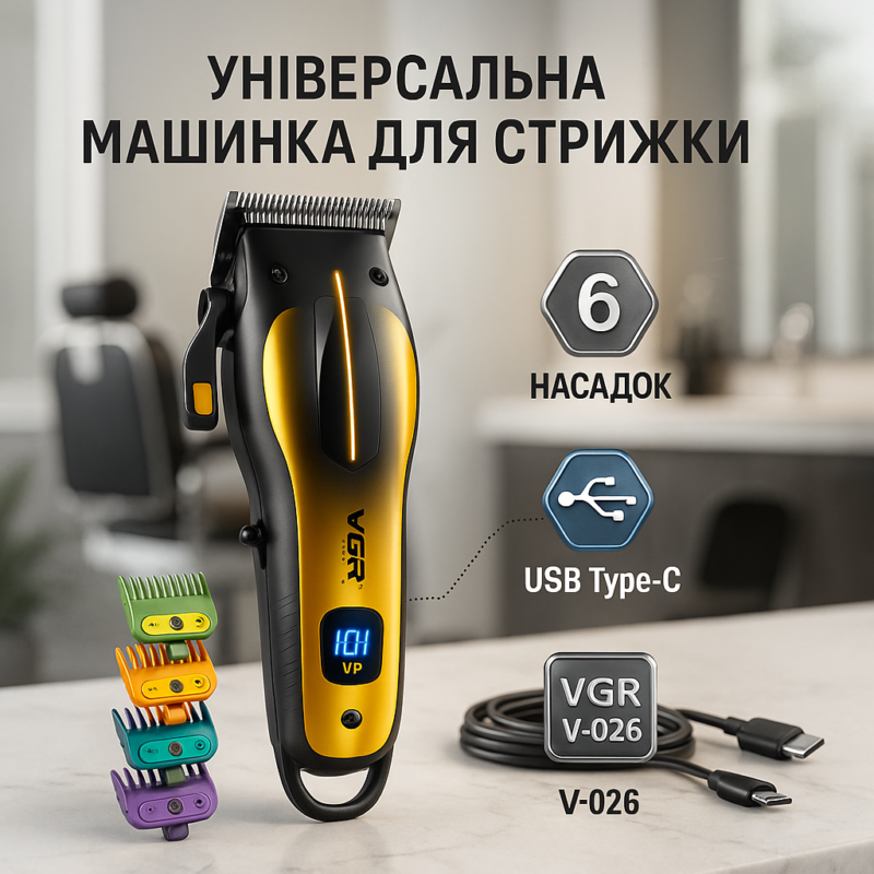 Акумуляторна машинка для стрижки VGR V-026 GOLD з бездротовим використанням для професіоналів та домашніх майстрів