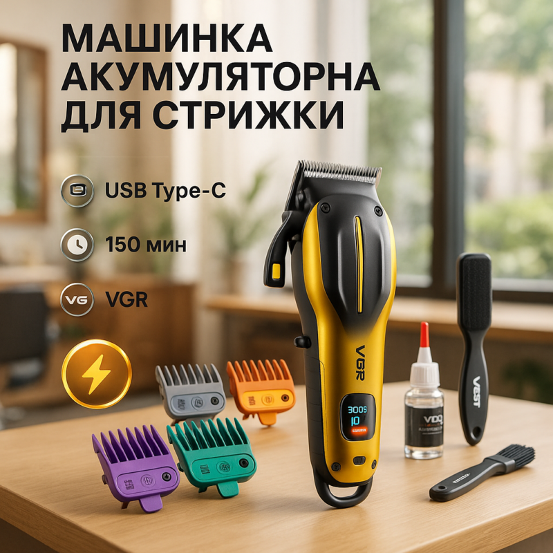 Акумуляторна машинка для стрижки VGR V-026 GOLD з бездротовим використанням для професіоналів та домашніх майстрів