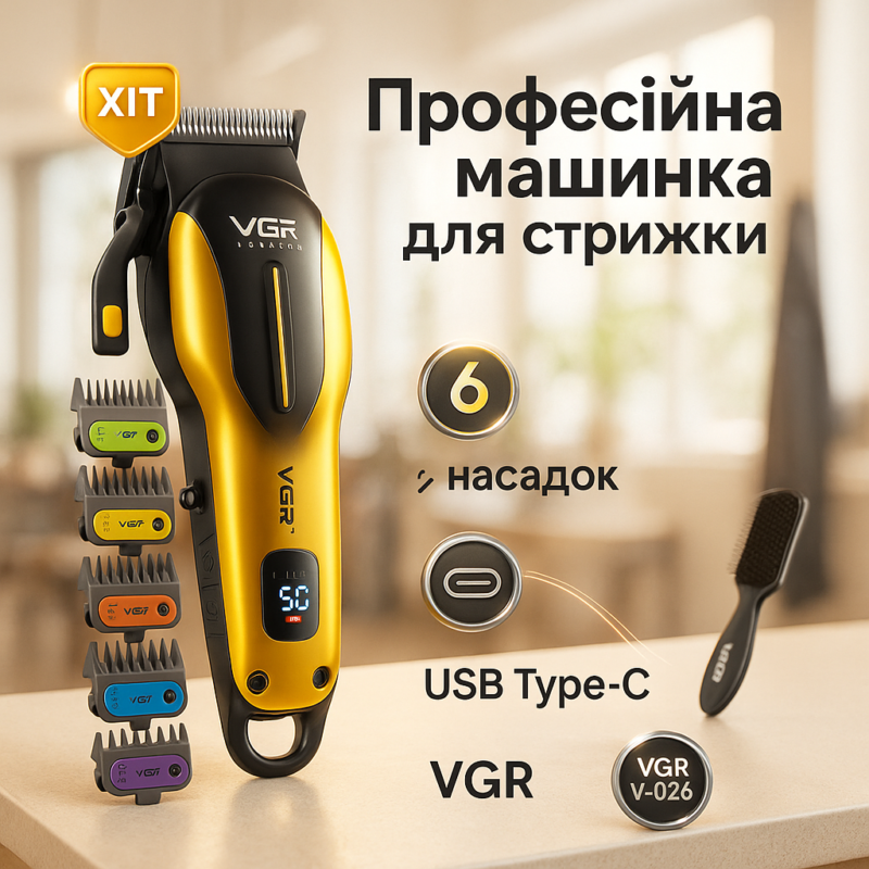 Акумуляторна машинка для стрижки VGR V-026 GOLD з бездротовим використанням для професіоналів та домашніх майстрів