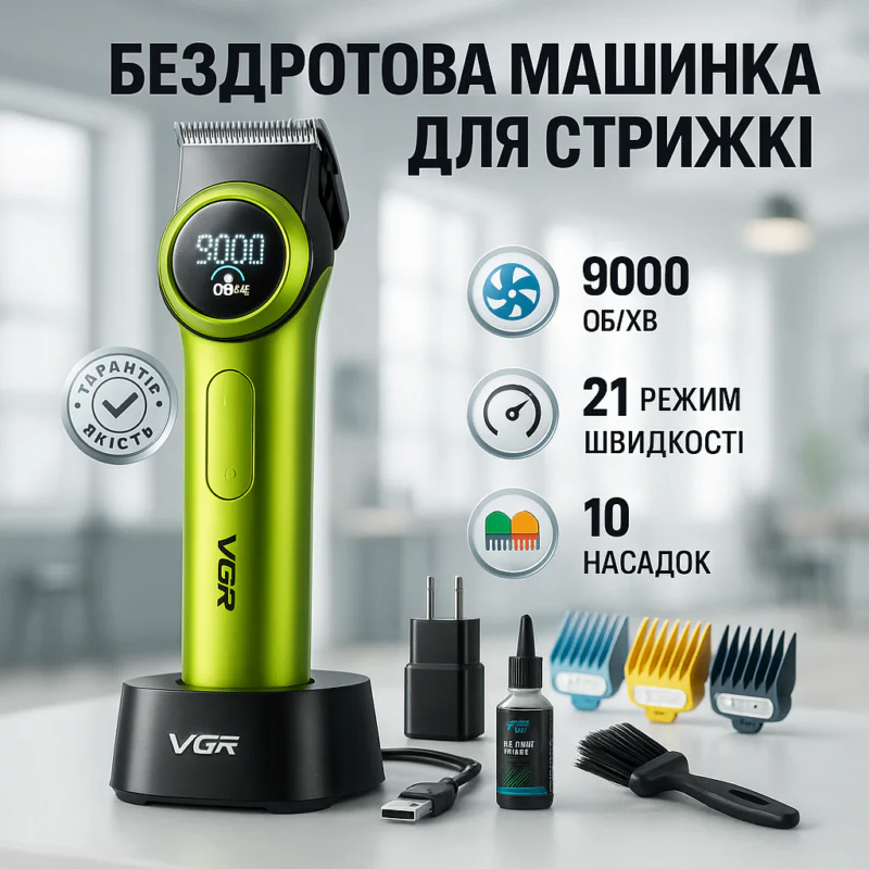 VGR V-001 Професійна машинка для стрижки волосся 9000 об/хв 10 насадок
