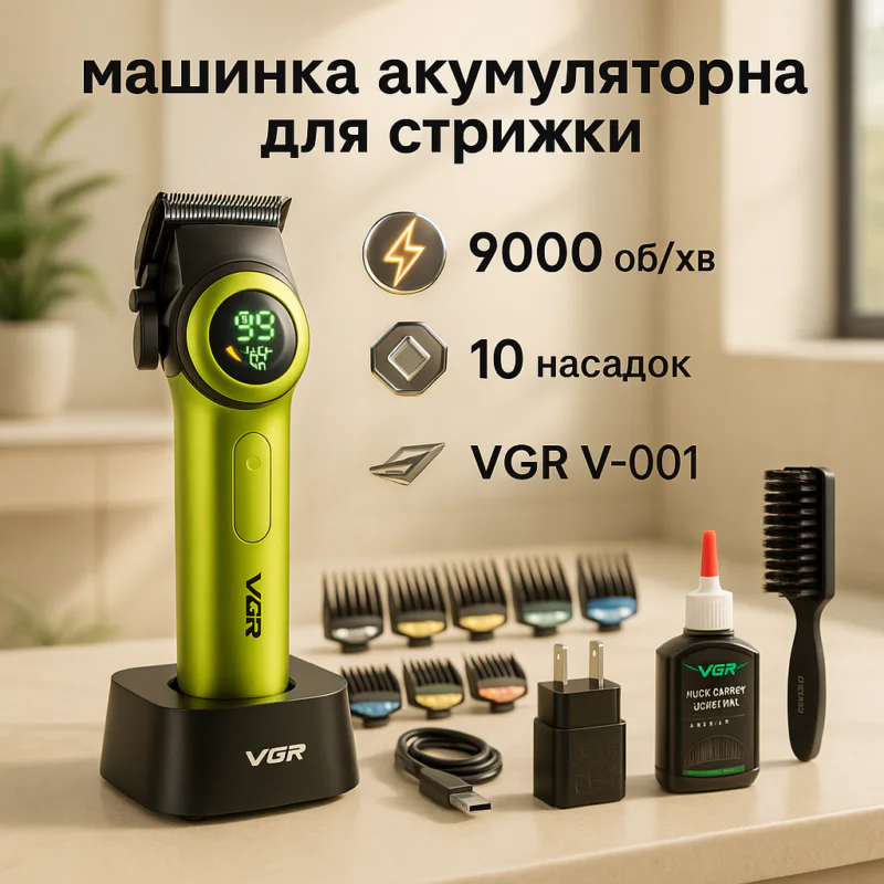 VGR V-001 Професійна машинка для стрижки волосся 9000 об/хв 10 насадок