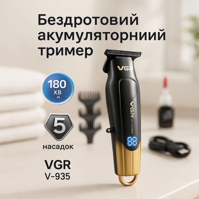 Тример VGR V-935 GOLD — професійний бездротовий інструмент для стрижки з автономністю 180 хв.