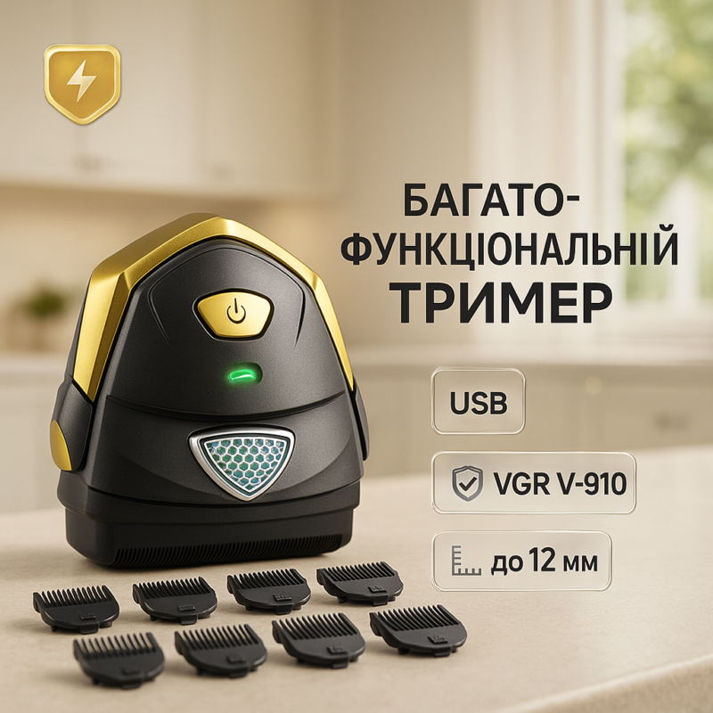 Акумуляторна машинка для стрижки VGR V-910 з потужним двигуном та 9 насадками для ідеальної стрижки