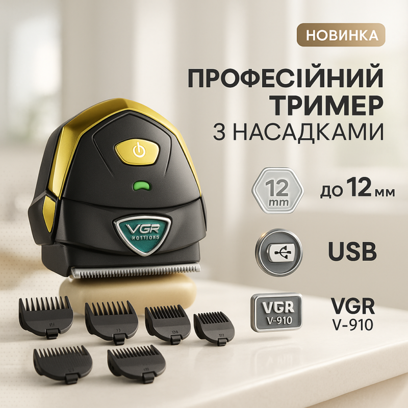 Акумуляторна машинка для стрижки VGR V-910 з потужним двигуном та 9 насадками для ідеальної стрижки