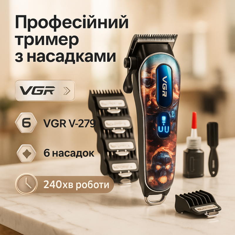 Акумуляторна машинка для стрижки VGR V-279 RED — потужний тример для професійного догляду