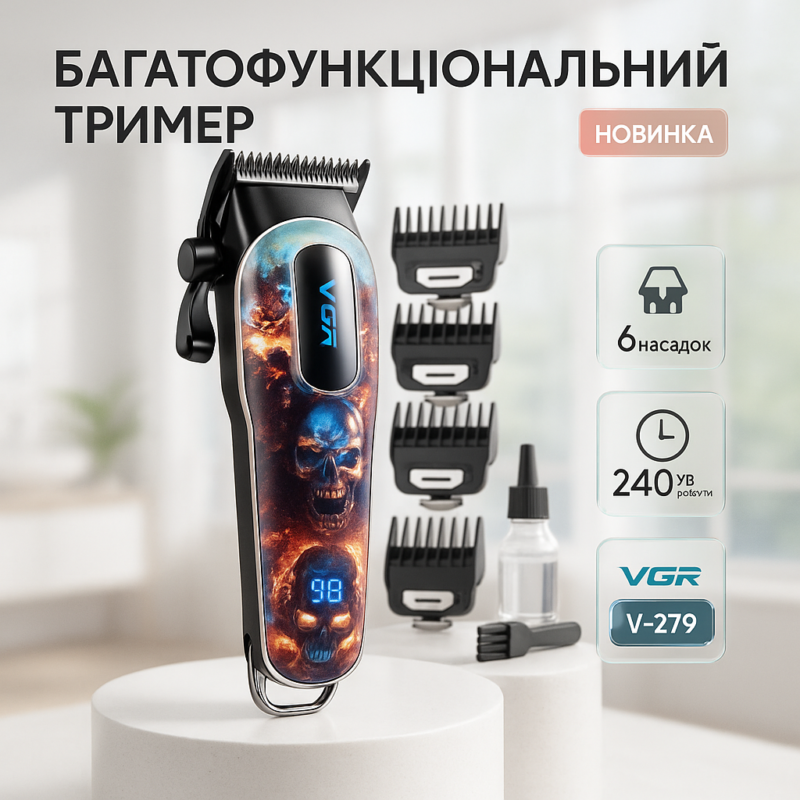 Акумуляторна машинка для стрижки VGR V-279 RED — потужний тример для професійного догляду