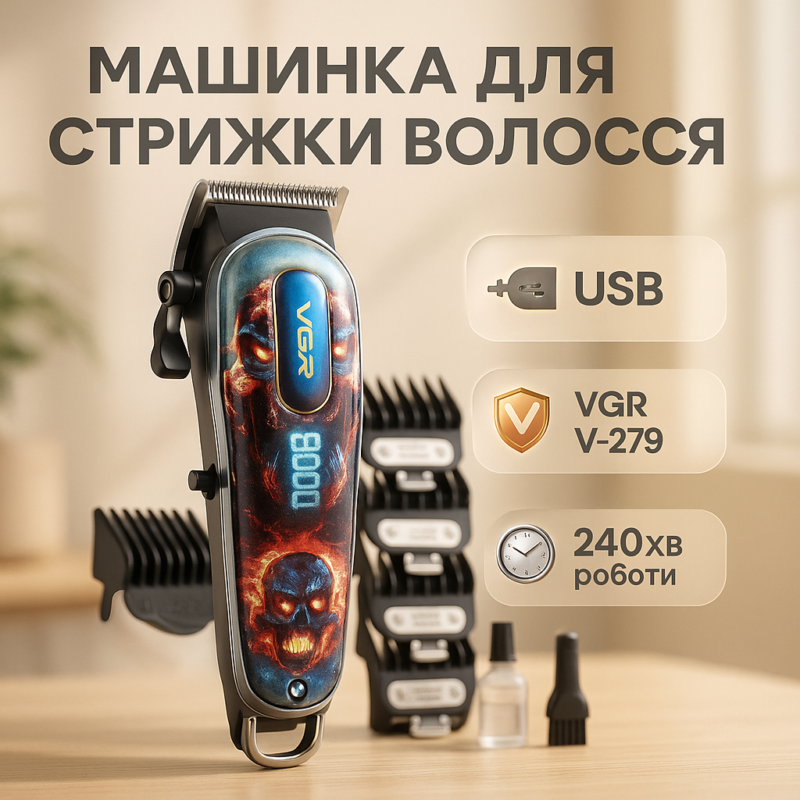 Акумуляторна машинка для стрижки VGR V-279 RED — потужний тример для професійного догляду