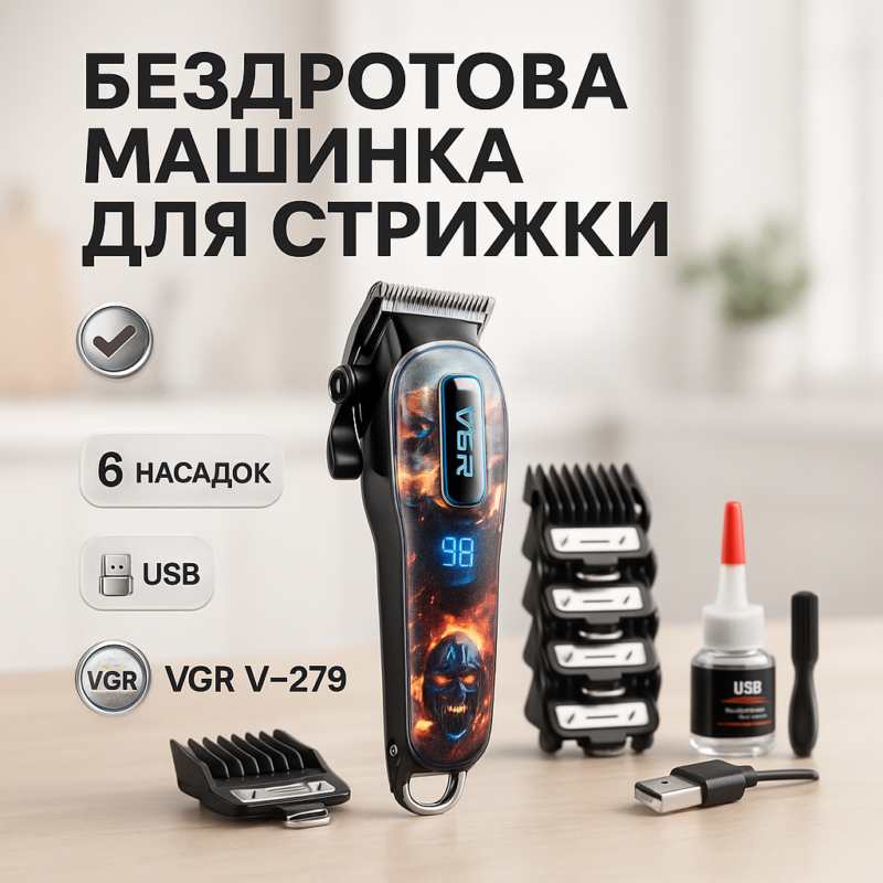 Акумуляторна машинка для стрижки VGR V-279 RED — потужний тример для професійного догляду