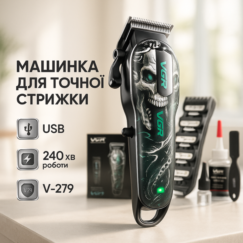 Акумуляторна машинка для стрижки VGR V-279 GREEN — потужність і точність для ідеальної стрижки.