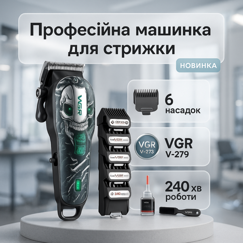 Акумуляторна машинка для стрижки VGR V-279 GREEN — потужність і точність для ідеальної стрижки.