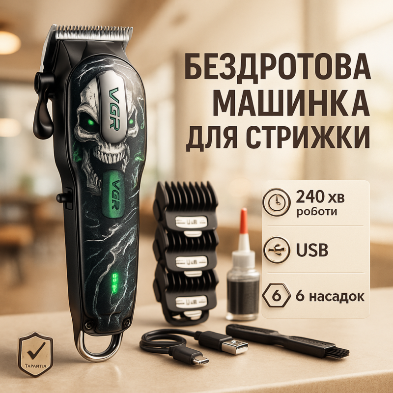 Акумуляторна машинка для стрижки VGR V-279 GREEN — потужність і точність для ідеальної стрижки.