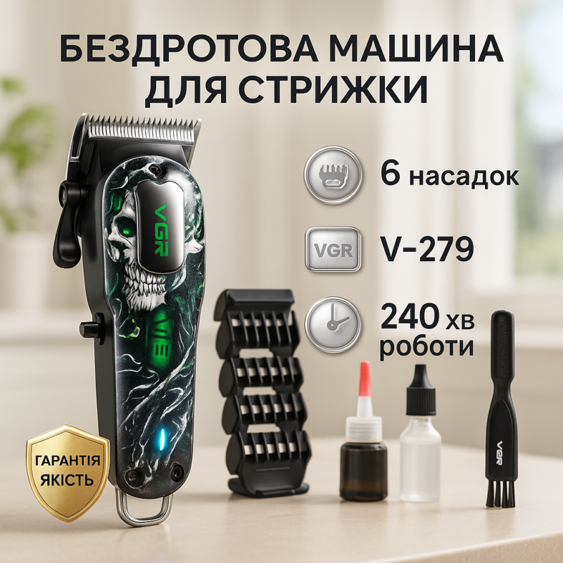 Акумуляторна машинка для стрижки VGR V-279 GREEN — потужність і точність для ідеальної стрижки.