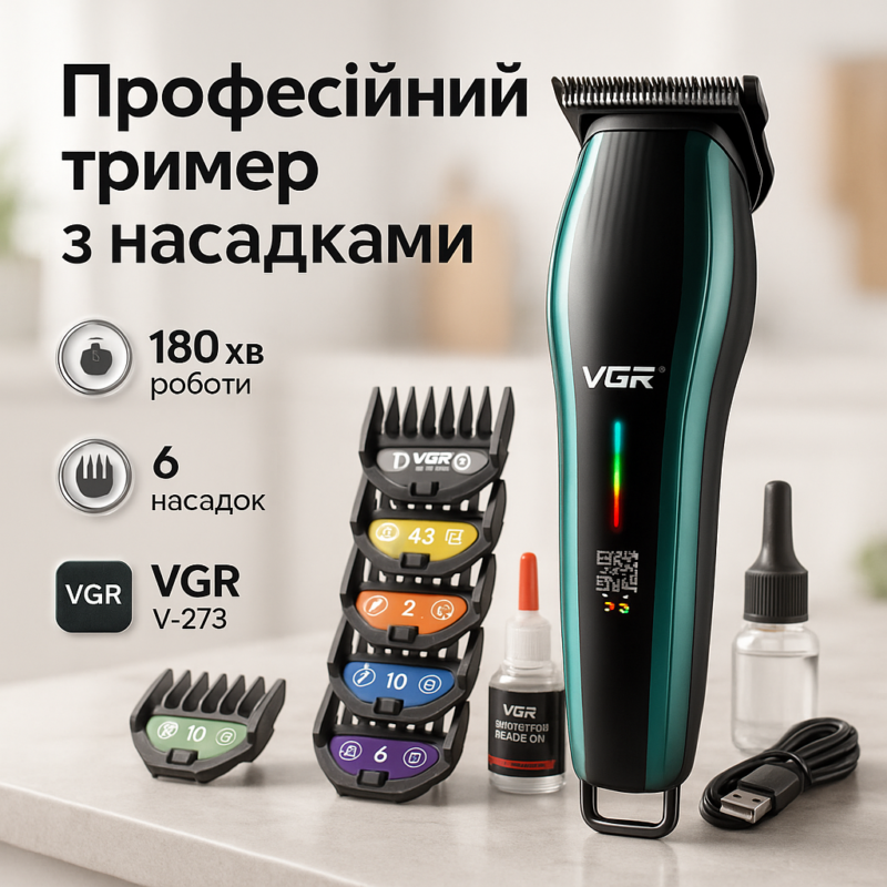 Акумуляторна машинка для стрижки VGR V-273 GREEN з високою потужністю для професійного використання