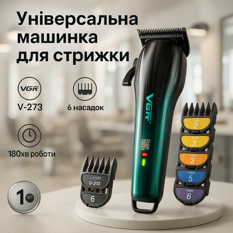 Акумуляторна машинка для стрижки VGR V-273 GREEN з високою потужністю для професійного використання