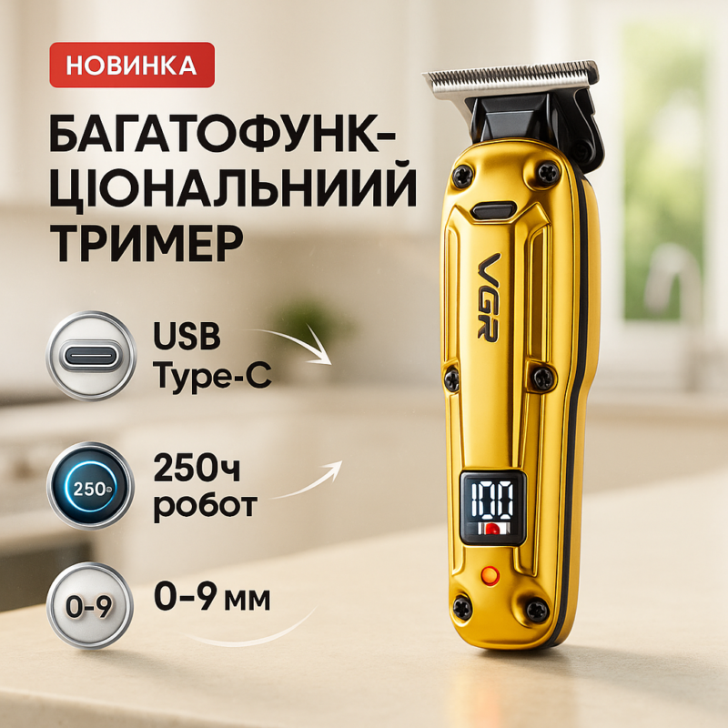 Акумуляторна машинка VGR V-904 для стрижки волосся з дисплеєм та змінними насадками