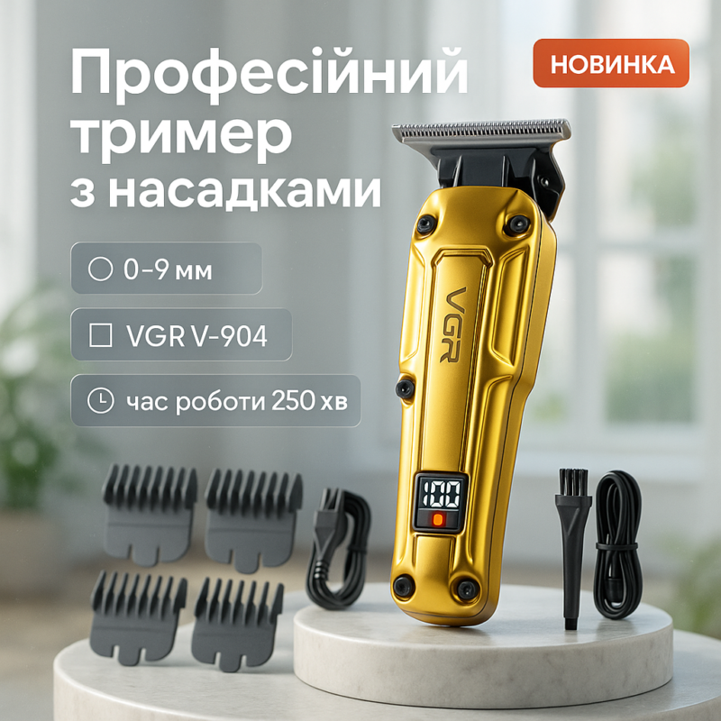 Акумуляторна машинка VGR V-904 для стрижки волосся з дисплеєм та змінними насадками